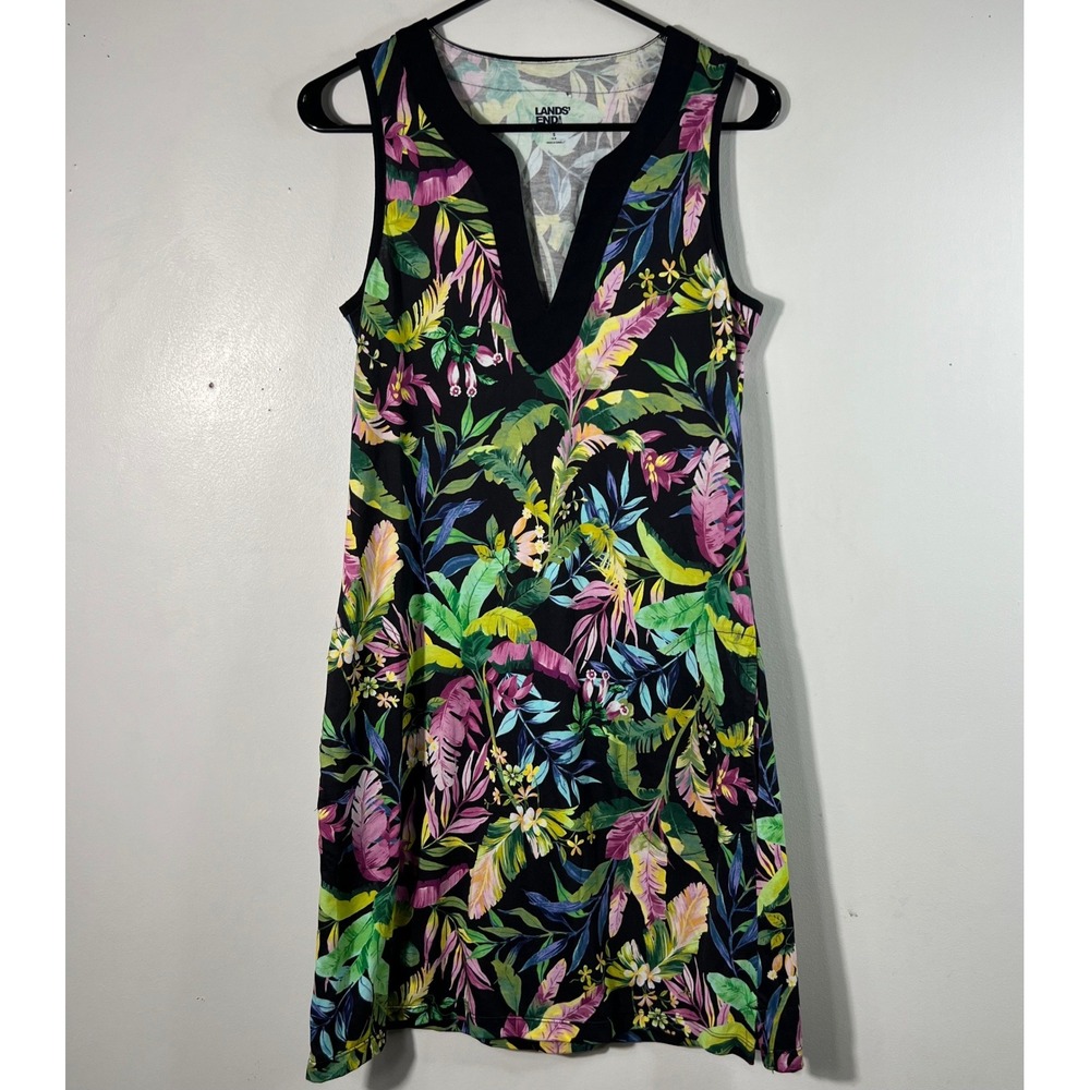 Lands End V Neck Relaxed Fit Sheath Dress Floral Hawaiian S Cotton NWD Flaw